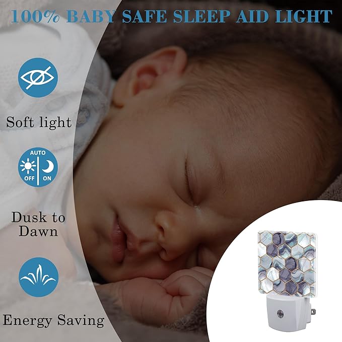 Hexagon Golden Blue Marble Night Light Plug into Wall with Dusk to Dawn Sensor Cute Nightlight for Kid Girls Boys Women Men Room Decor, Hallway, Kitchen, Bathroom, Nursery, Stairs