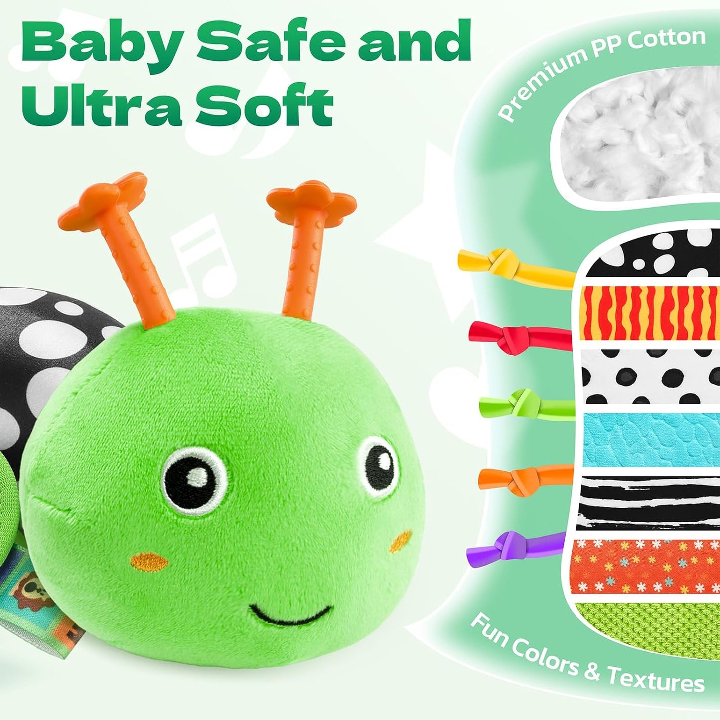 HEMRLY Baby Toys for 0-6 Months, Musical Plush Caterpillar Infant Sensory Toy with Baby Mirror&Crinkle Rattle,Pull String,Teething Toys, Tummy Time Newborn Gifts for 0-3-6-12 Boys Girls - Green Branch