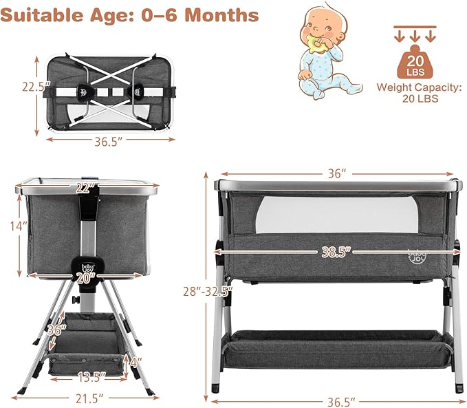 BABY JOY Bedside Bassinet, Portable Baby Crib w/Mattress, Two-Side Breathable Mesh, 7 Height Adjustable, Large Storage, Wheels for Easy Movement, Crib for Newborn Infant, Bassinet for Baby, Dark Grey