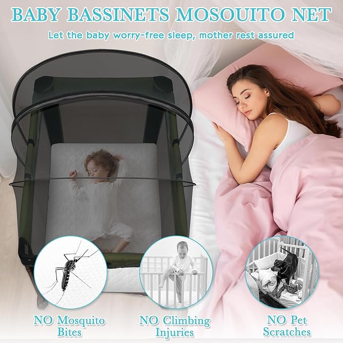 Pack N Play Tent Cover - Bassinet Cover for Pack N Play/Travel Crib/Mini Crib/Playpen, Bassinet Mosquito Net Cover with Two-Way Zippers (Black-Large)