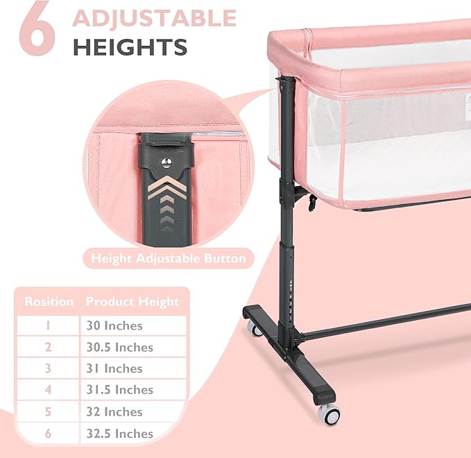 Baby Bassinet Bedside Sleeper, 2 in 1 Folding Portable Newborn Bedside Sleeper, All-Sided Mesh Infant Travel Crib for Toddlers, 6 Adjustable Height, with 4 Wheels, Grey