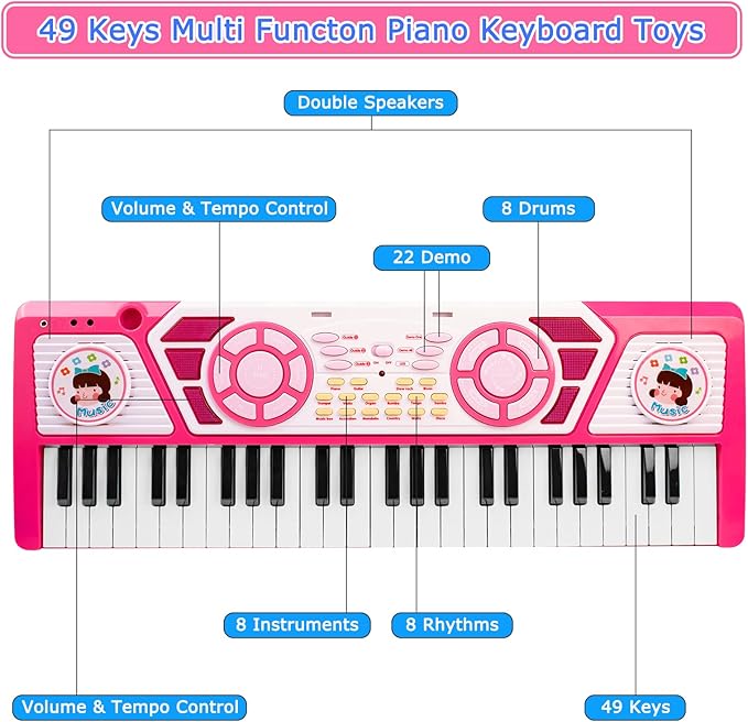 Toys for 3+ Year Old Girls Gift: 49 Keys Kids Piano Keyboard Multifunctional Educational Musical Instrument Toy with Microphone, Earphone, Dual Speakers, Birthday and Xmas Gifts for 3+ Girls Toys
