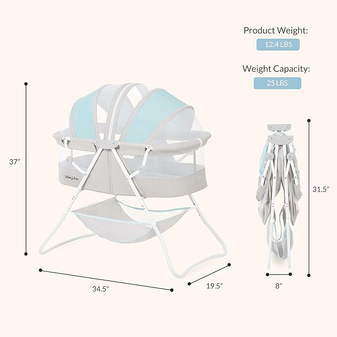Dream On Me Karley Bassinet in Blue & Grey, Lightweight Portable Baby Bassinet, Quick Fold and Easy to Carry , Adjustable Double Canopy, Indoor and Outdoor Bassinet with Large Storage Basket.