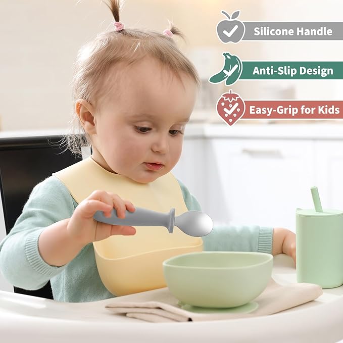 DRKIO 8 PCS Toddler Spoons Set - Baby Spoons with Silicone Handle Children safe 18/8 Stainless Steel Toddler Utensils Set for Self Feeding Kids Silverware Anti-Choke Design Food Grade Dishwasher Safe