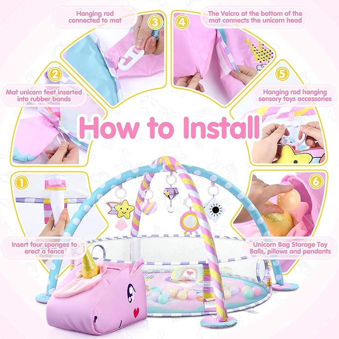 Baby Play Mat & Activity Mat - Baby Play Gym Tummy Time Mat with 6 Detachable Sensory Toys for Motor Skills Development, Newborn Baby Toys 0-6-12 Months Essentials Gift Playmats