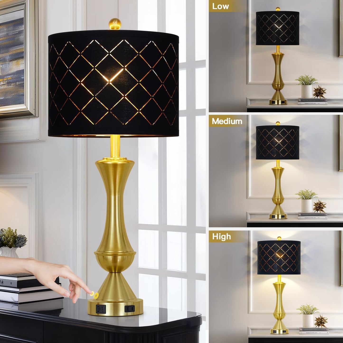 29" Gold Modern Table Lamps Set of 2, 3-Way Dimmable Touch Lamps for Nightstand with USB A+C & Outlets,Brass Lamps for Living Room, Bedroom, Nightstand, Entryway(2 Bulbs Included)