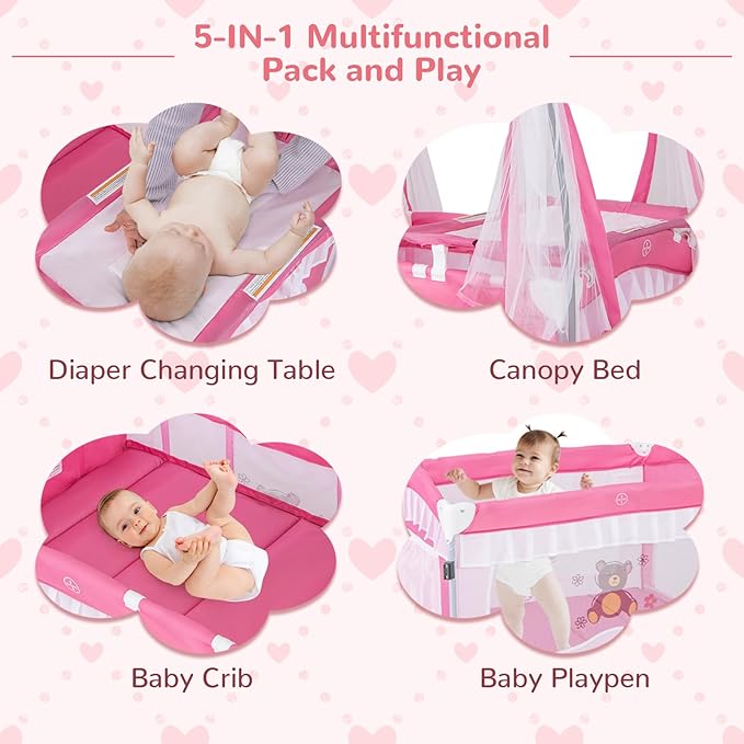 HONEY JOY 4-in-1 Pack and Play with Canopy, Portable Baby Playard w/Changing Table and Infant Bassinet, Cute Toys & Music, Foldable Bassinet for Newborn and Toddler (Hot Pink)