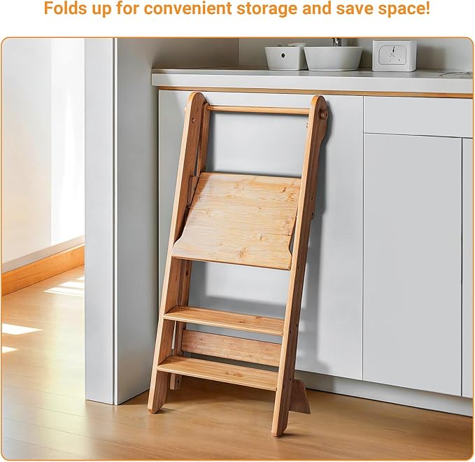 COSYLAND Foldable Toddler Standing Tower - Adjustable Height Folding Step Stool Kids Toddler Kitchen Stool Helper for Learning and Cooking - Ages 18 Months to 6 Years with Safety net Natural