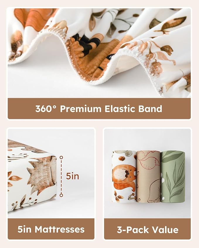 Pack and Play Sheets Fitted 3 Pack, Mini Crib Sheets for Pack N Play Mattress Stretchy Portable Playard Sheets, Soft Breathable Green & Brown Fox