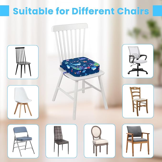 Toddler Booster Seat for Dining Table, Kids Booster Seat for Kitchen Chair with Non-Slip Bottom, Portable Detachable Washable Increasing Cushion with 2 Adjustable Straps (Marine Animals)