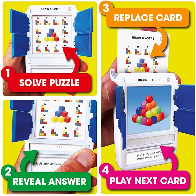 100 PICS Brain Teasers Travel Game - Solve 100 Puzzles | Flash Cards with Slide Reveal Case | Card Game, Gift, Stocking Stuffer | Hours of Fun for Kids and Adults | Age 6+