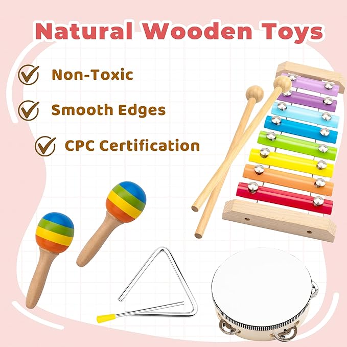 Montessori Toys for 1 Year Old, 6 Types Musical Instruments for Toddlers 1-3, Educational Baby Drum Set with Xylophone & Maracas, First Birthday Gifts for Boys Girls, Christmas Learning Toys