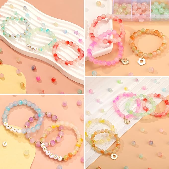 760PCS 8mm Glass Beads for Jewelry Making 24 Color Crystal Beads Bracelet Making Kit Gradient Round Bead for DIY Earrings Necklaces Rings with Letter Bead for Bracelets&Charms Accessories