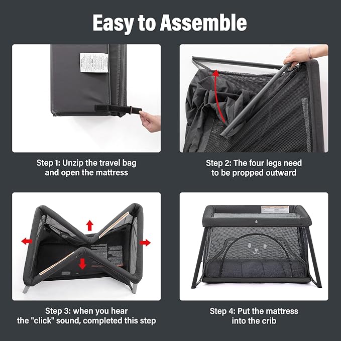 Travel Crib, Portable Crib for Baby, Pack and Play for Babies and Toddler, Lightweight Backpack Design,Foldable Travel Baby Playpen with Mattress(Dark Grey)