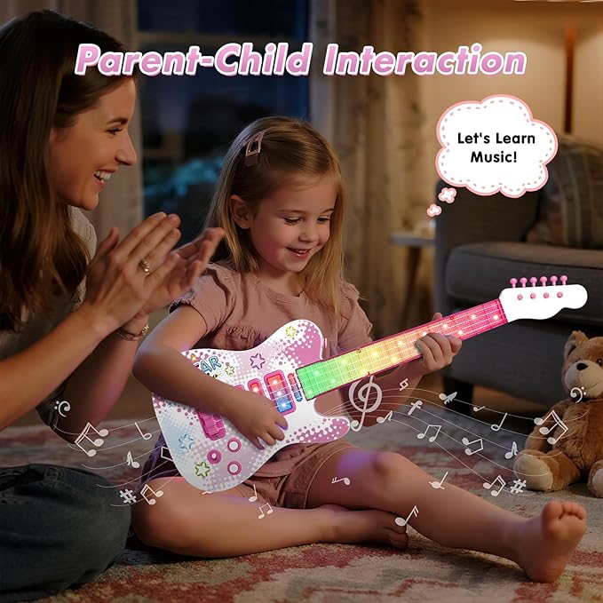 Kids Pink Guitar Toy for 3 Year Old Girls Birthday Gift Toddler Toy Ages 2-4 Electric Guitars with 4 Strings Light Up Music Toys for 3 4 5 Year Old Boys Girls Gifts