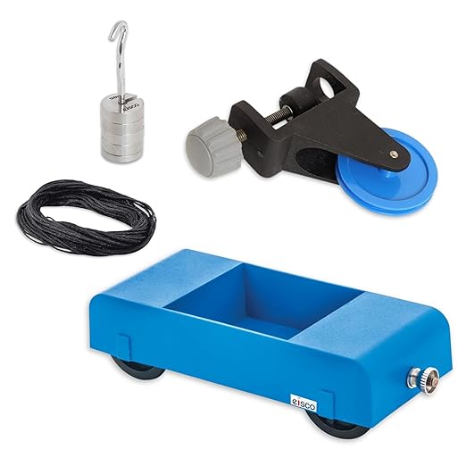 Eisco Labs - Newton & Hall’s Carriage Kit, Includes Hall's Car, Force Table Pulley, Physics String, Stainless Steel Weights & Hanger for Physics Experiments, Demonstrations of Motion, Force & Friction