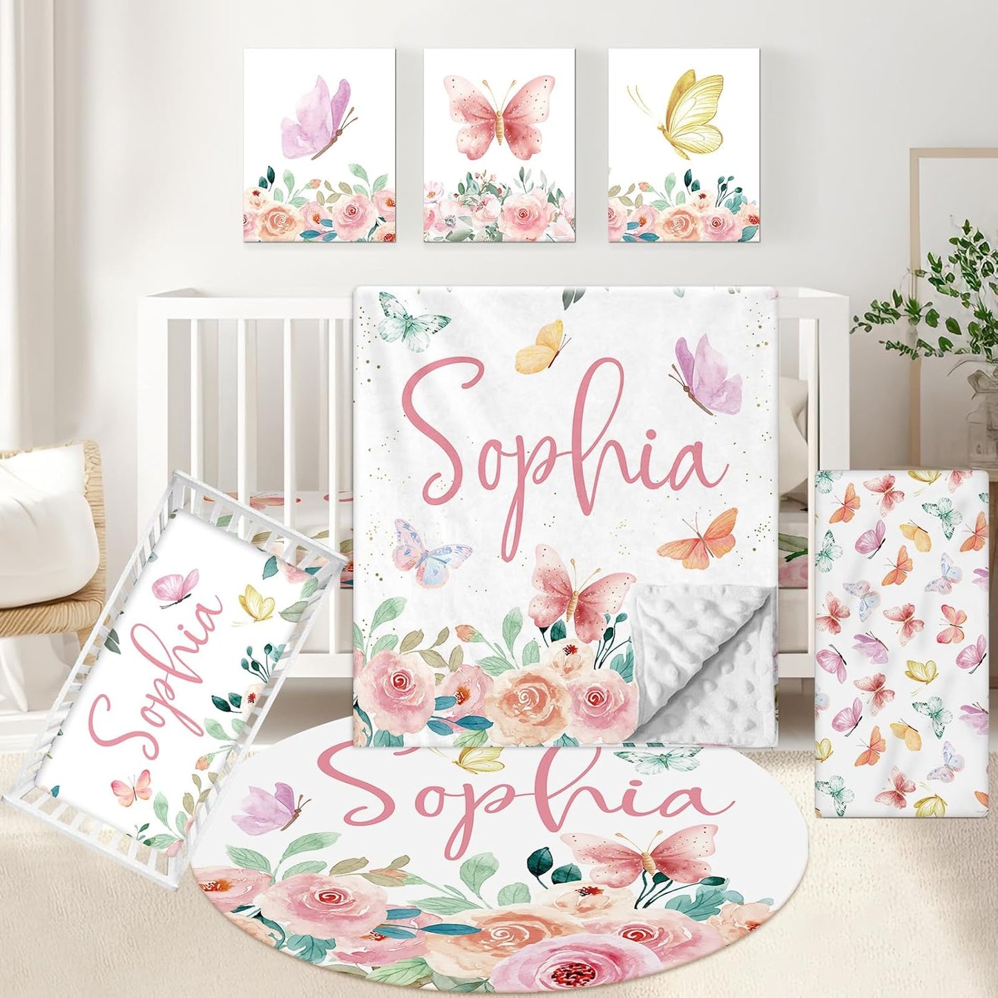 Personalized Baby Crib Bedding Set, 5 Pcs Custom Baby Crib Sets with Name, Double Layer Butterfly Nursery Bedding Set for Girls, Soft Flannel Baby Bedding Set, Toddler Infant Customized Gift