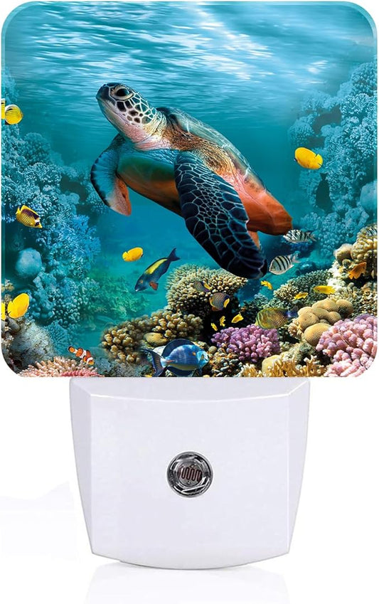 Sea Turtle Corals Fish Night Light,Plug Into Wall with Dusk to Dawn Light Sensors, Warm Nightlights for Bedroom, Bathroom, Hallway, Kitchen, Gifts Ideal for Boys Girls Women Men