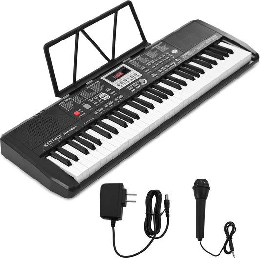 61-Key Portable Electronic Piano Keyboard with 200 Voices, 200 Rhythms, Teaching Modes, Recording, Microphone, Battery Power, Built-in Speakers, Child-Safe ABS