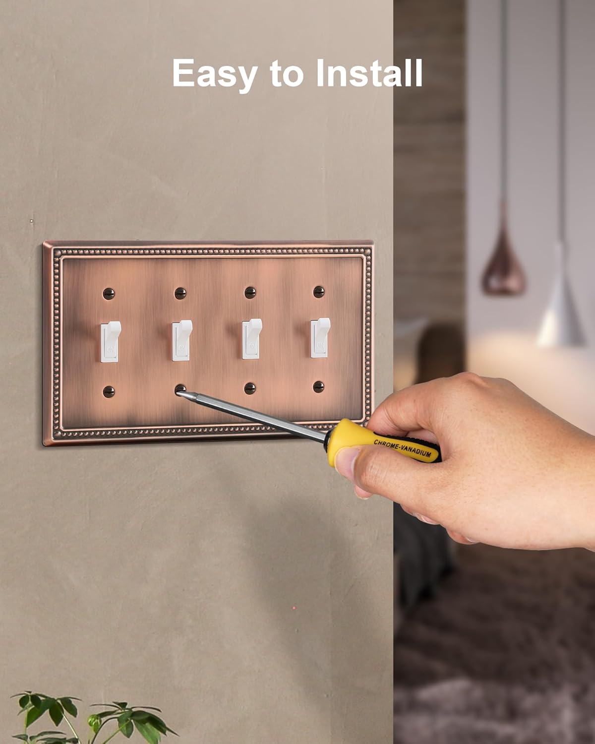 2-Pack Quad Toggle Light Switch Cover Plate, 4 Gang Metal Switch Plate Covers, Antique Copper Pearls Decorative Wall Plate, Corrosion Resistant