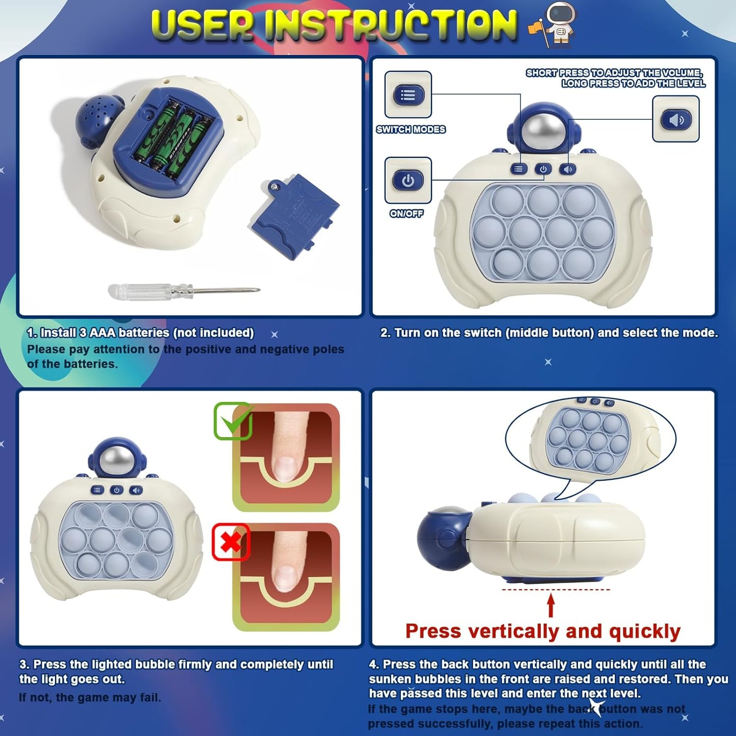 Quick Push Pop Game Fidget Toys for Kids Adults, Handheld Puzzle Game Machine, Squeeze Poppet Sensory Fast Push Bubble Toy, Xmas Birthday Gifts for Boys Girls (Astronaut Green Light)