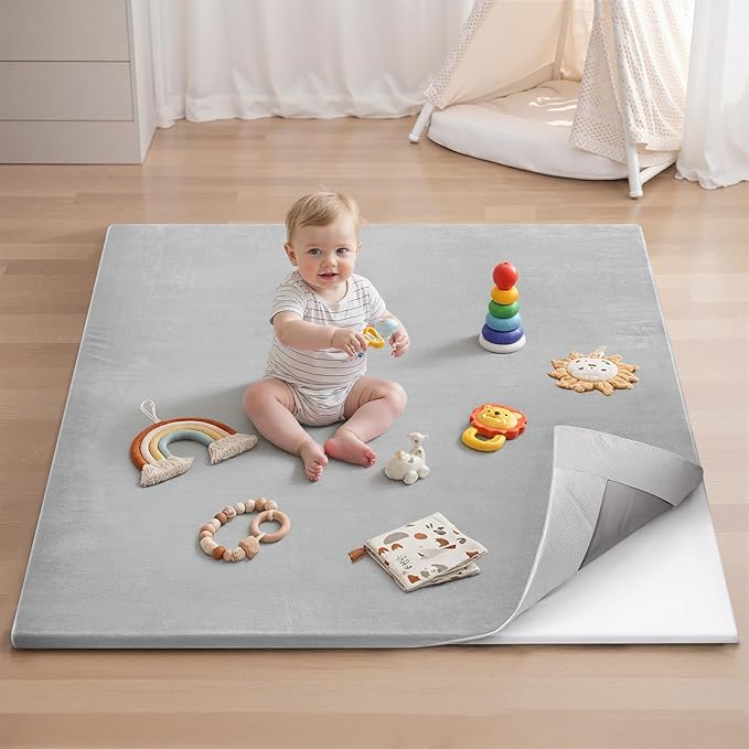Blissful Diary Ultra Soft Baby Play Mat, 50x50 Floor Mat with Removable & Washable Slip-On Cover for Babies and Toddlers Infants, Light Grey