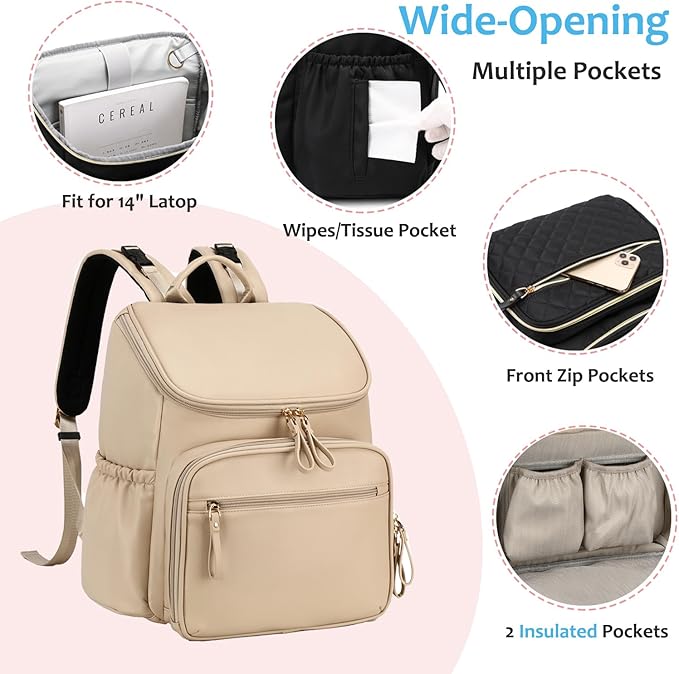 Large Capacity Diaper Bag Backpack with Stroller Buckle, Water-Resistant Travel Baby Bag with Insulated Pockets (Classic, Beige)