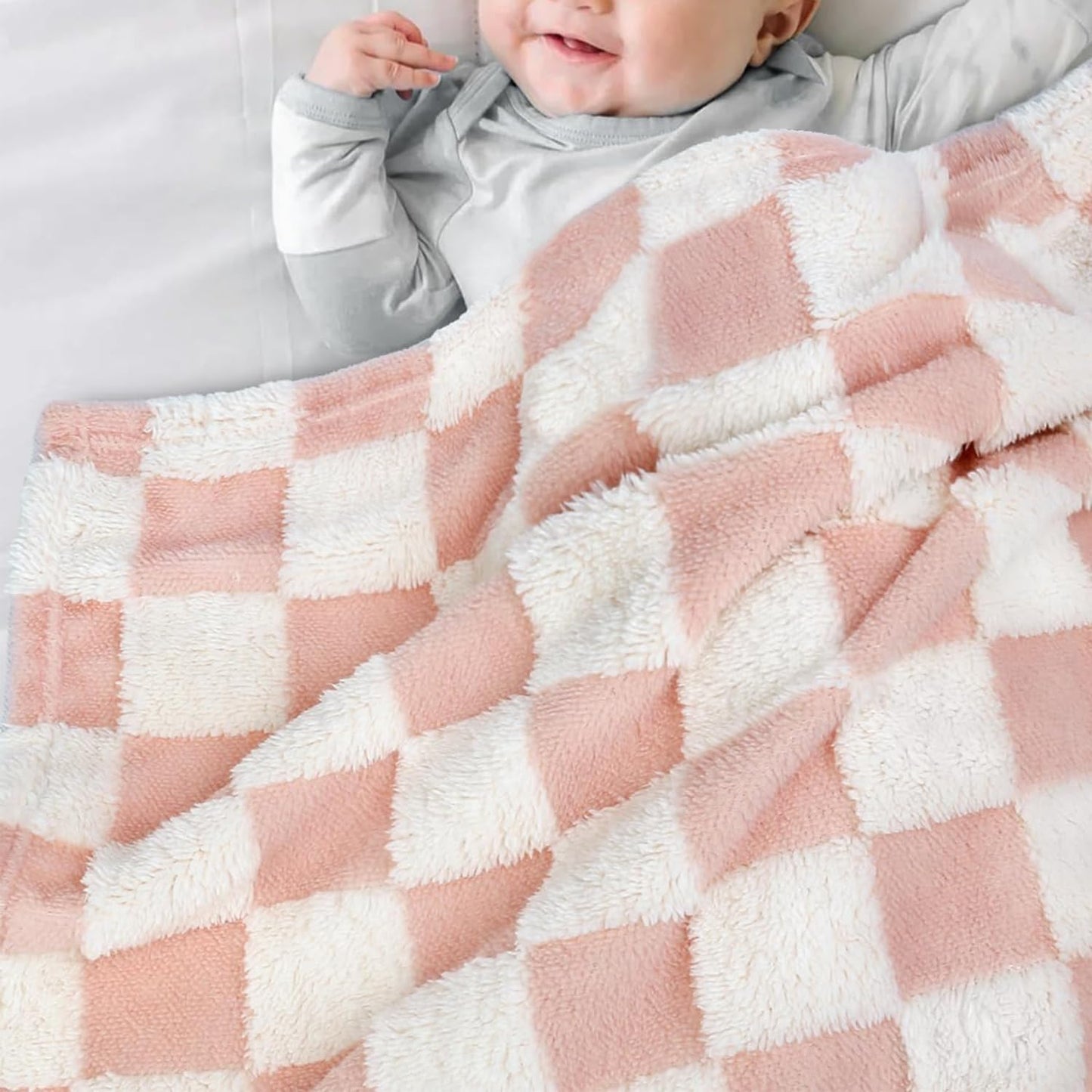 HOMRITAR Baby Blanket for Girls 3D Checkered Fleece Fluffy Fuzzy Checkerboard Grid Warmer Shaggy Soft Cozy Fuzzy Bed Blanket for Toddler, Newborn or Infant Pink 30 x 40 Inch