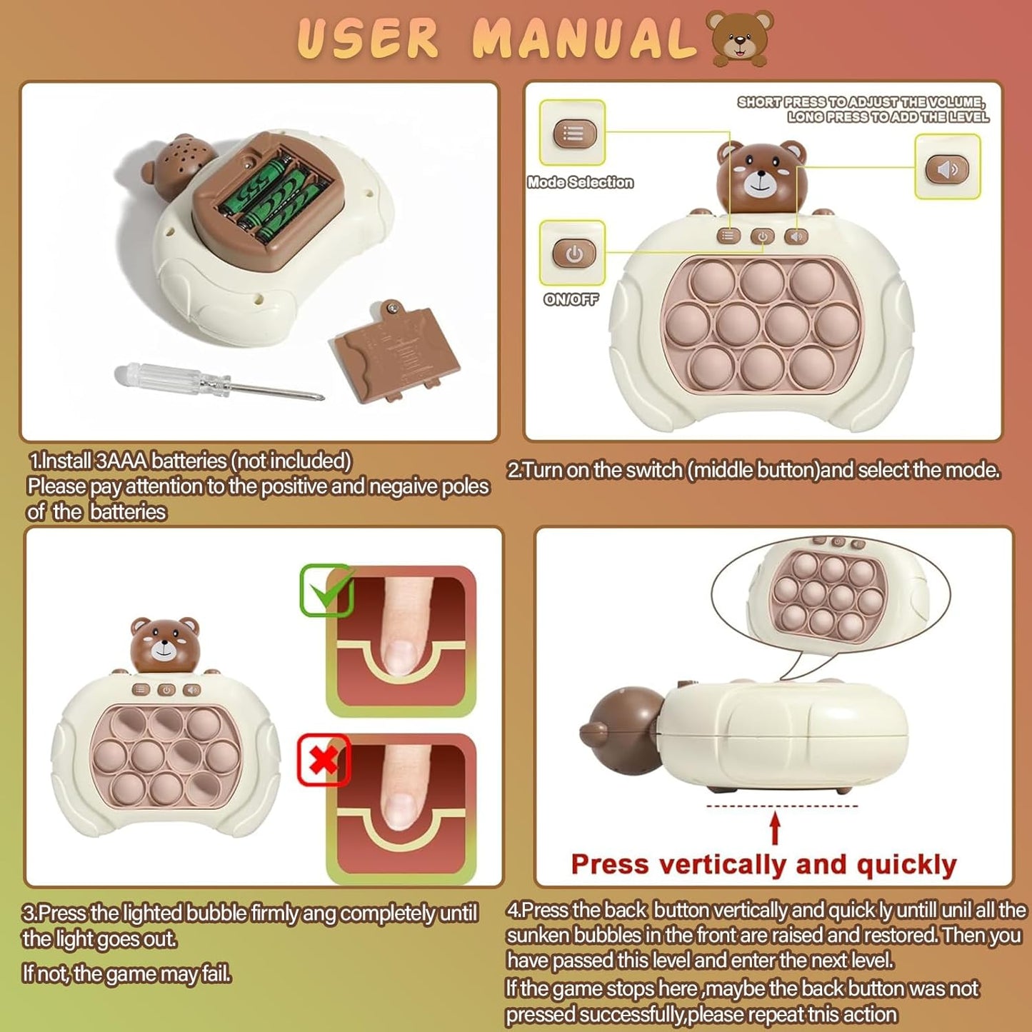 Toymaker Quick Push Game Console Handheld Game Toys Puzzle Popping Press Toy Interesting Push Bubble Fidget Stress Relief Toys Birthday Presents for 3+ Years Old Kids (Bear)