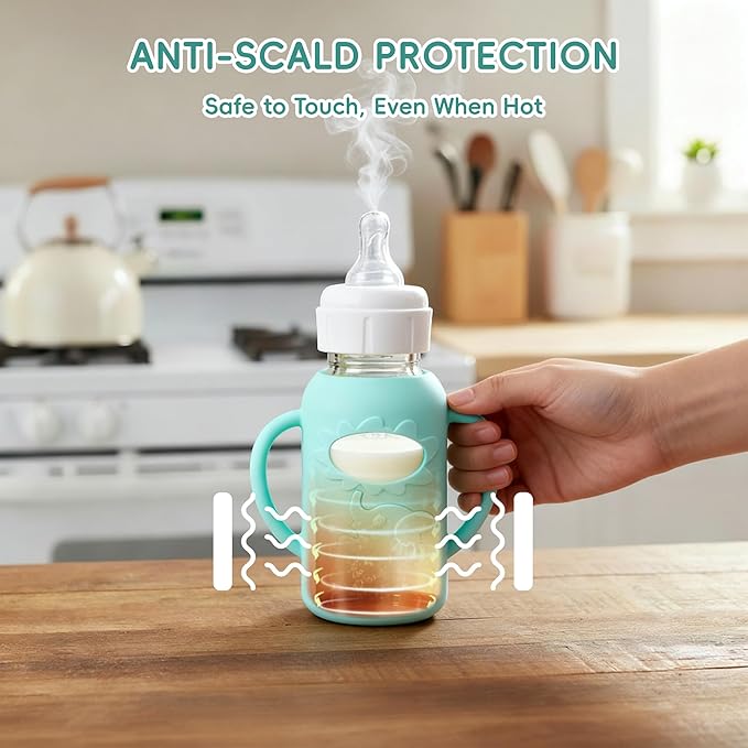 3-Pack Silicone Bottle Sleeve with Handles for Dr. Brown’s 4oz Narrow Glass Baby Bottles – BPA-Free, Heat-Resistant, Anti-Slip Grip, Easy to Clean, Multiple Colors (4oz,Green + Blue + Gray)