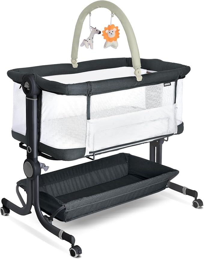 KRIDDO 2-in-1 Baby Bassinet for Infant, Bedside Bassinet with All-Around Breathable Mesh, Lockable Wheels, Adjustable Height and Incline, Bedside Sleeper for Baby with Large Storage Basket, Dark Grey