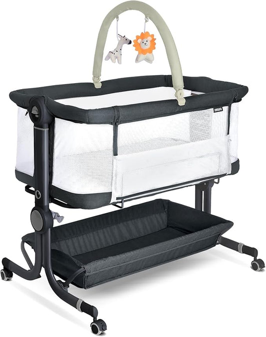 KRIDDO 2-in-1 Baby Bassinet for Infant, Bedside Bassinet with All-Around Breathable Mesh, Lockable Wheels, Adjustable Height and Incline, Bedside Sleeper for Baby with Large Storage Basket, Dark Grey