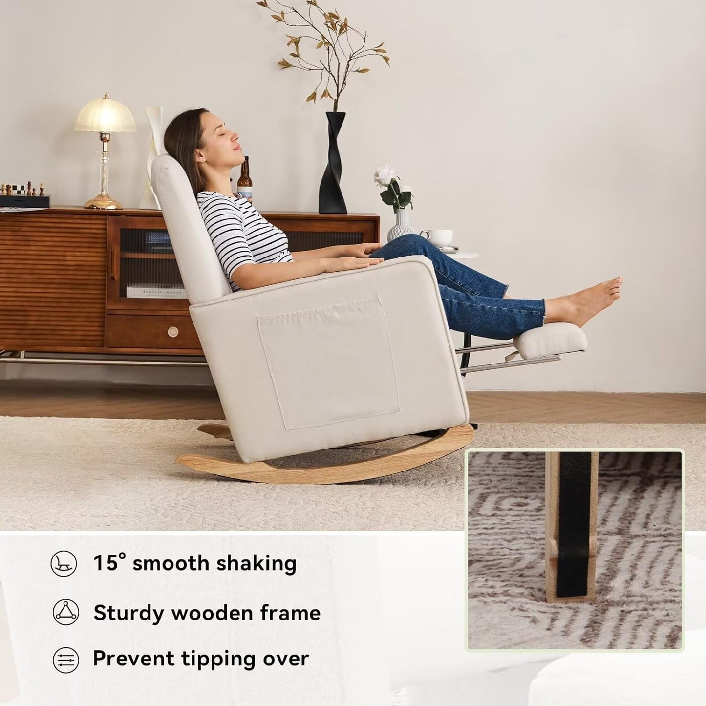 FOXHUNTER Rocking Chair Nursery with Adjustable Footrest and High Backrest, Upholstered Glider Chairs with Side Pockets for Nursery, Rocker Armchair Indoor for Living Room,Beige