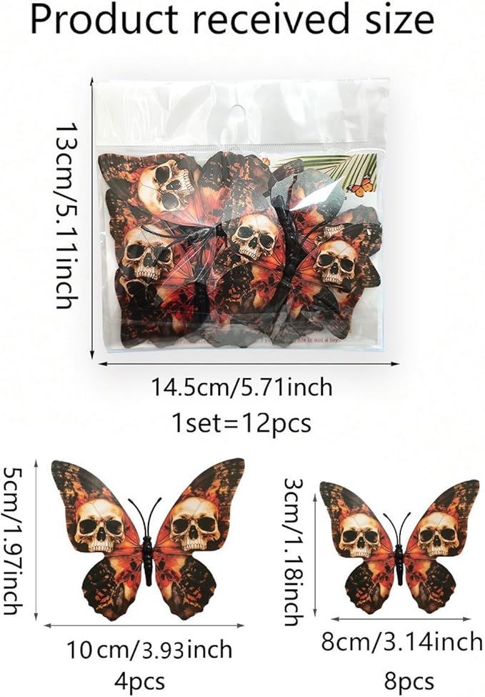 12 Pcs Halloween Wall Decor 3D Skull Butterfly Wall Decal Stickers Goth Halloween Decorations Butterflies Skeleton Designs for Festival Home Party Decoration Supplies