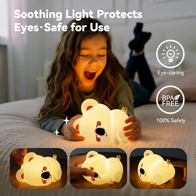 Koala Night Light for Nursery - 3 Color Changing Dimmable Baby Night Lamp, Rechargeable Touch Control with Timer, Soft Silicone Breastfeeding Nightlight for Kids, Infants, Toddlers