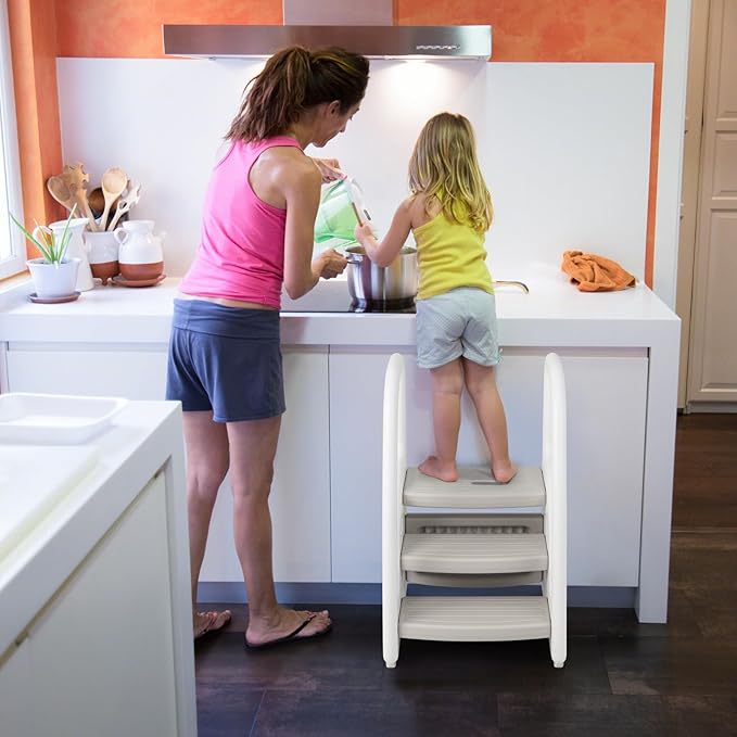 HONEY JOY Kitchen Step Stool for Toddlers, Children Plastic Tower Helper w/Handrails for Bathroom Sink, Toilet Potty Training, Adjustable 3 Step Kids Learning Standing Tower for Kitchen Counter(Gray)