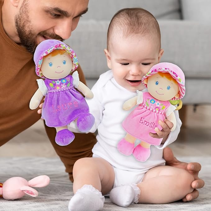 June Garden Personalized Soft Dolly Laura - Stuffed Soft Baby Doll for Birth and Up with Custom Name - Purple Dress - 13"