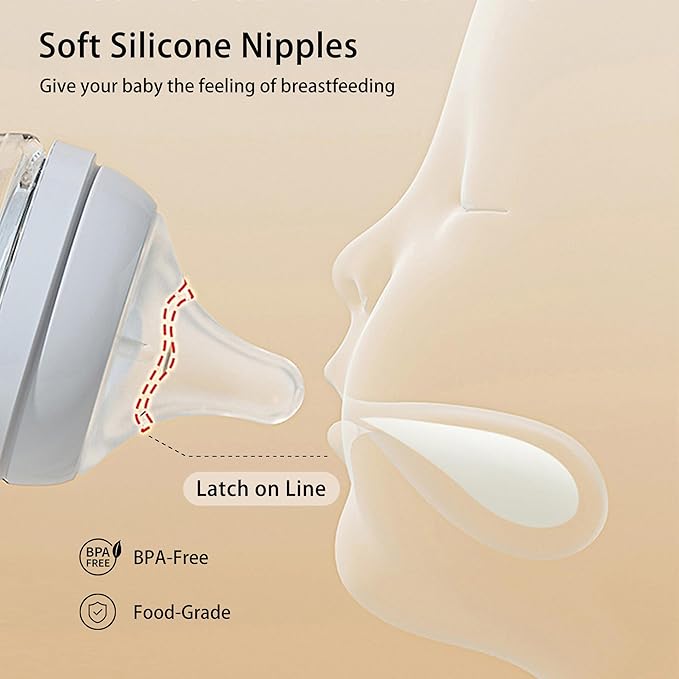 Natural Glass Baby Bottle Wide Neck, Newborn Anti-Colic Baby Bottle, Clear, 3oz(Pack of 4), Includes 4Pcs Slow Flow Nipple(SS), 0 Months+