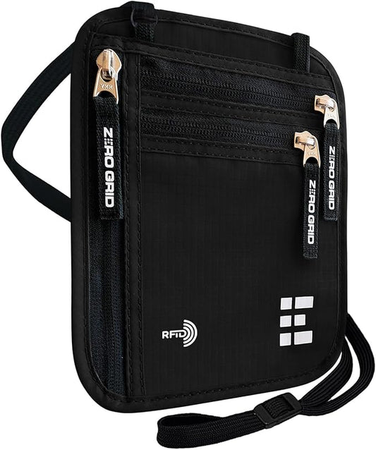 Neck Wallet for Travel & Passport Holder with RFID Blocking - Slim & Easy to Conceal Nylon Travel Pouch for men & women - Holds Phone, Cash, Cards, Keys - Sweat & Water Resistant - Large - Black