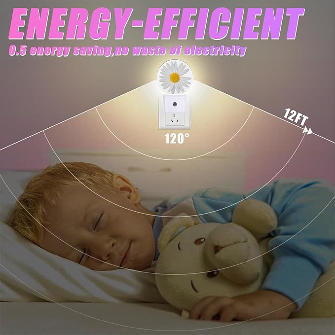 Daisy Night Light Chamomile Night Lights LED Lamp Round Plug into Wall Nightlight with Dusk to Dawn Sensor Home Hallway Stairway Kitchen Decor