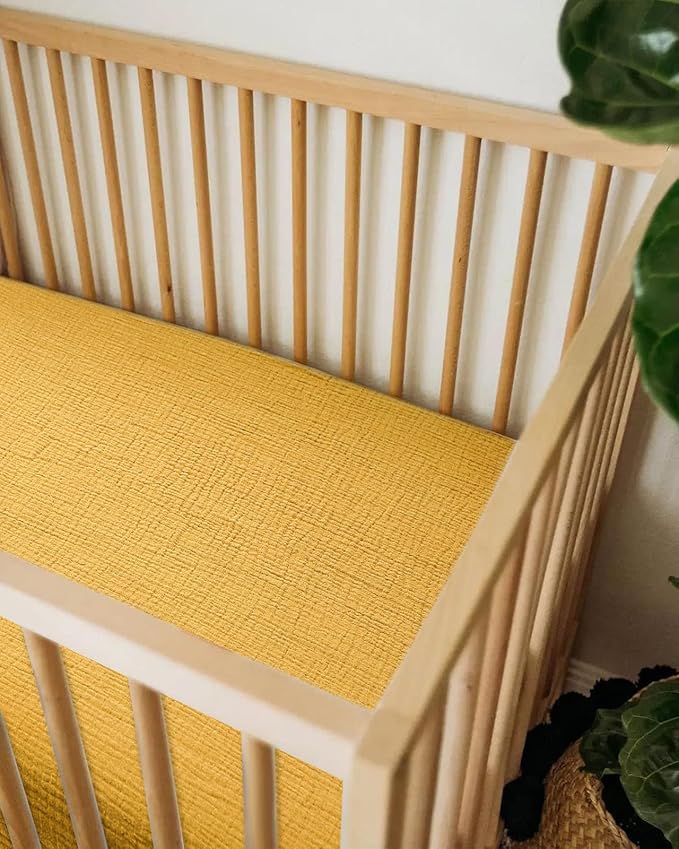 Mini Crib Sheets for Baby, Fitted Pack N Play Mattress and Mini Cribs 24" x 38", Neutral Muslin Cotton Mini Crib Mattress Sheet with Boho Style, Soft and Breathable Comfort (Mustard Yellow)