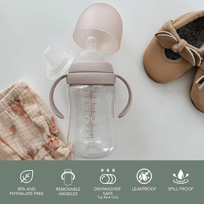 noüka Transitional Baby Bottle/Sippy Cup | Non Spill | Easy Grip Double Handles | Dishwasher Friendly | Moss | Size 8 Oz