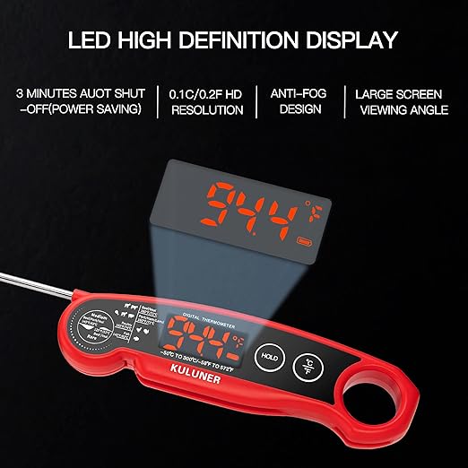 1-Second Rapid and Accurate Meat Thermometer - Waterproof Multifunctional Kitchen Food Thermometer, Ideal for Frying, Smoking, Grilling and More(Red)