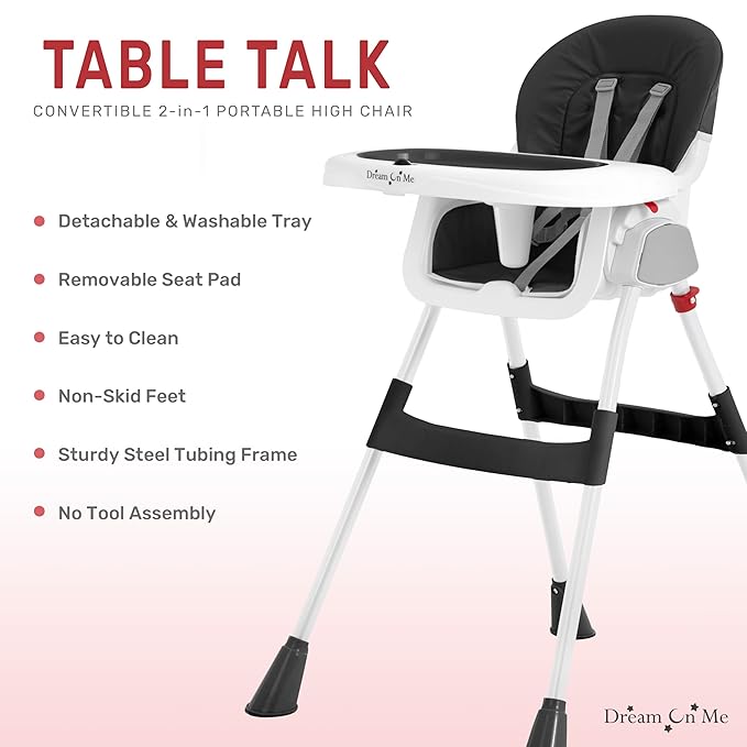 Dream On Me TableTalk 2-in-1 Portable High Chair in Black, Compact Adjustable Feeding Chair, Easy Clean Tray, Converts to Toddler Seat, Safety Harness, Self-Standing Fold
