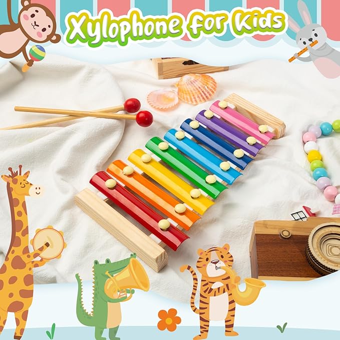 LovesTown Wooden Xylophone Musical Toy, 8 Rainbow Keys, 2 Mallets, Educational Instrument for Toddlers