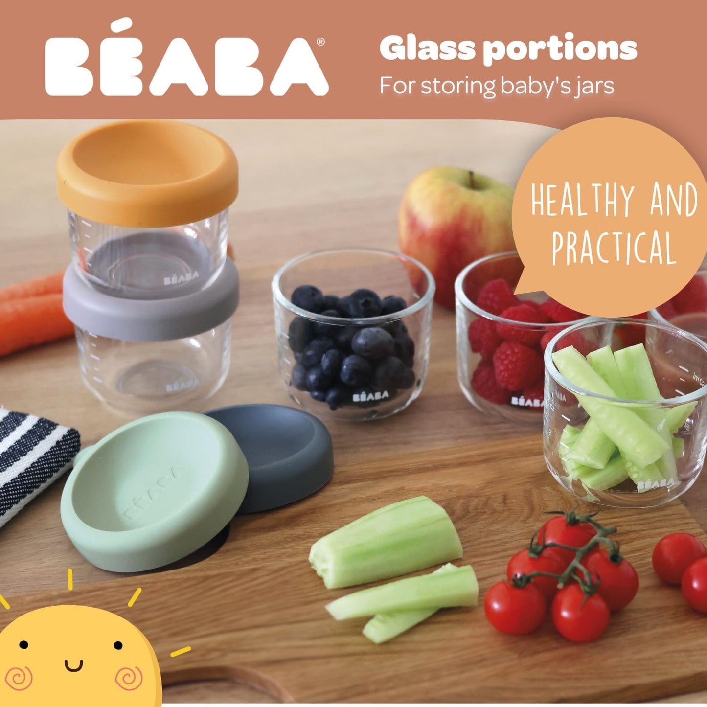 Beaba 5 oz Glass Baby Food Jars with Soft Silicone Air Tight Lids, Glass Storage Containers with Lids, Microwave and Freezer Safe Containers, Terracotta