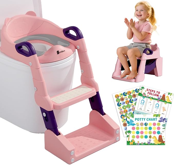 3-in-1 Potty Training Toilet, Toddler Toilet Seat with Step Stool, Foldable Potty Ladder with Potty Chart, PU Cushion, Splash Guard, Anti-Slip Steps & Urinal for Girls & Boys, Pink