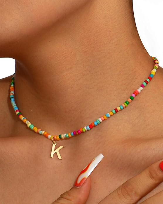 Colorful Initial Necklaces for Girls Women - Cute Beaded Choker Initial Necklace Teen Girl Gifts Trendy Stuff, Bohemian Letter Necklace Personalized Gifts for Girls Women Jewelry