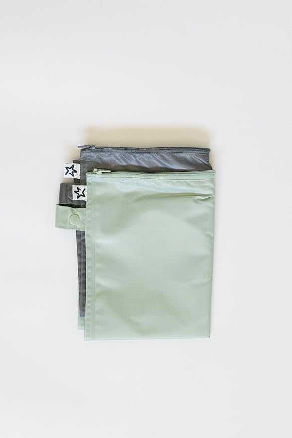 Tiny Twinkle Mess proof Waterproof Wet Dry Bag,2pk Reusable Wet Bags for Swimsuits&Baby Clothes,Leakproof Wet Bag,Waterproof Bag for Travel&Diaper bag,Wet Bags for Baby (Sage, Charcoal)