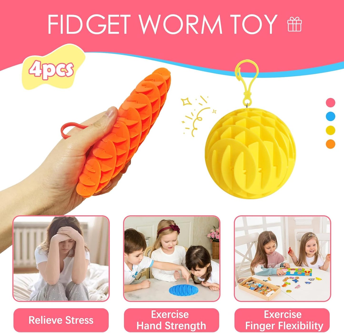 Fidget Worm Toy 2 Pack, Sensory Slug Fidget Toy, Funny Pocket Fidget Toy, Resistance Fidget Toy Anxiety & Stress Relief Toys, EDC Executive Desk Toys (Small 4pcs)